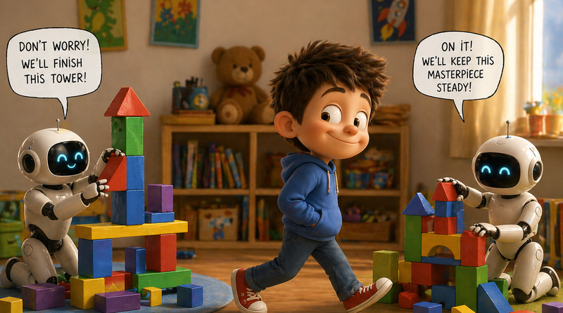 Seorang anak dibantu bot bermain blok